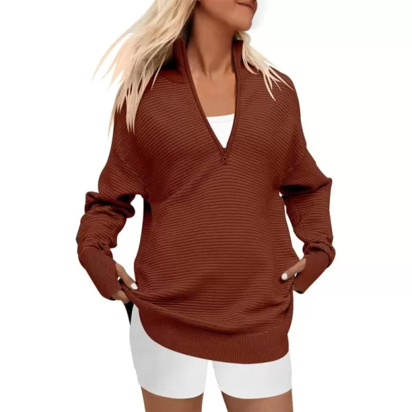 Caracilia Women's Long Sleeve Half Zip V Neck Collared Casual Curved Hem Sweatshirt Pullover Sweater with Thumb Hole