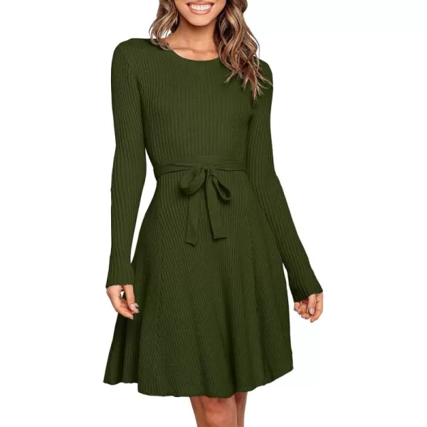 Caracilia Women's Long Sleeve Sweater Dress Crew Neck A-Line Swing Slim Fit Ribbed Knit Short Dress with Belt