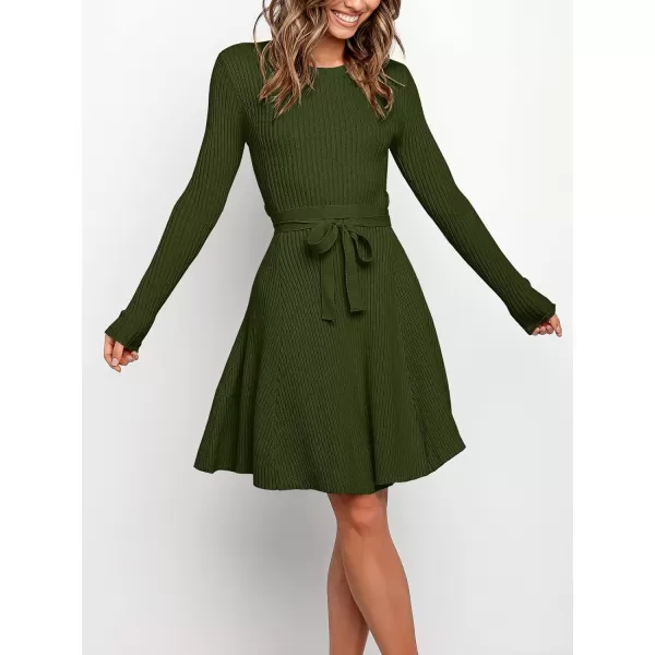 Caracilia Women's Long Sleeve Sweater Dress Crew Neck A-Line Swing Slim Fit Ribbed Knit Short Dress with Belt