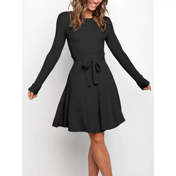 Caracilia Women's Long Sleeve Sweater Dress Crew Neck A-Line Swing Slim Fit Ribbed Knit Short Dress with Belt