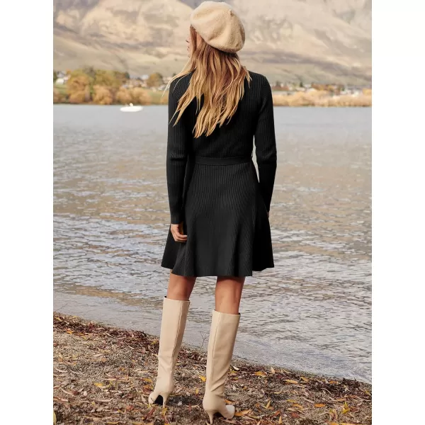 Caracilia Women's Long Sleeve Sweater Dress Crew Neck A-Line Swing Slim Fit Ribbed Knit Short Dress with Belt