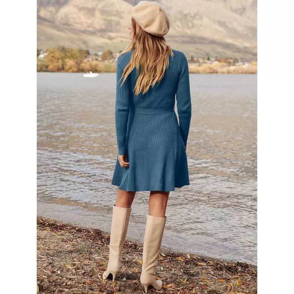 Caracilia Women's Long Sleeve Sweater Dress Crew Neck A-Line Swing Slim Fit Ribbed Knit Short Dress with Belt