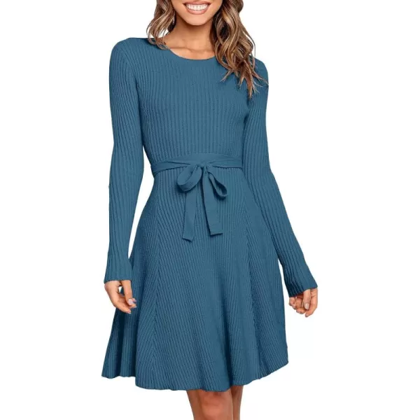 Caracilia Women's Long Sleeve Sweater Dress Crew Neck A-Line Swing Slim Fit Ribbed Knit Short Dress with Belt