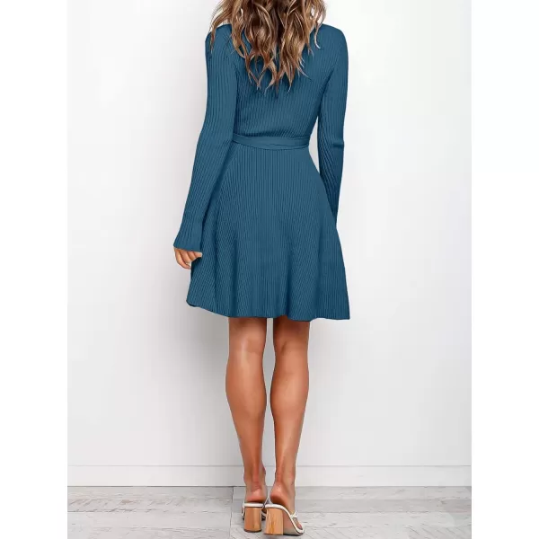 Caracilia Women's Long Sleeve Sweater Dress Crew Neck A-Line Swing Slim Fit Ribbed Knit Short Dress with Belt