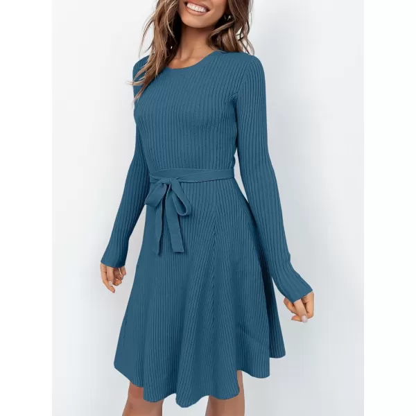 Caracilia Women's Long Sleeve Sweater Dress Crew Neck A-Line Swing Slim Fit Ribbed Knit Short Dress with Belt