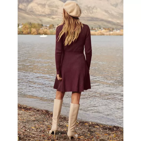Caracilia Women's Long Sleeve Sweater Dress Crew Neck A-Line Swing Slim Fit Ribbed Knit Short Dress with Belt