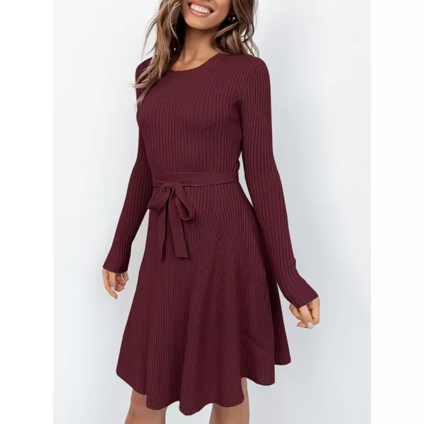 Caracilia Women's Long Sleeve Sweater Dress Crew Neck A-Line Swing Slim Fit Ribbed Knit Short Dress with Belt