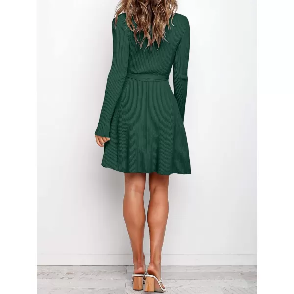 Caracilia Women's Long Sleeve Sweater Dress Crew Neck A-Line Swing Slim Fit Ribbed Knit Short Dress with Belt