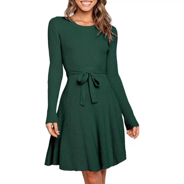 Caracilia Women's Long Sleeve Sweater Dress Crew Neck A-Line Swing Slim Fit Ribbed Knit Short Dress with Belt