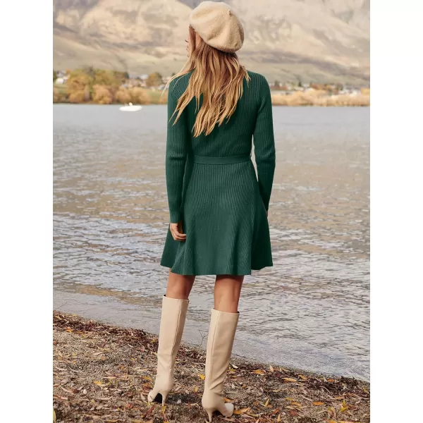 Caracilia Women's Long Sleeve Sweater Dress Crew Neck A-Line Swing Slim Fit Ribbed Knit Short Dress with Belt