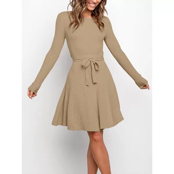 Caracilia Women's Long Sleeve Sweater Dress Crew Neck A-Line Swing Slim Fit Ribbed Knit Short Dress with Belt