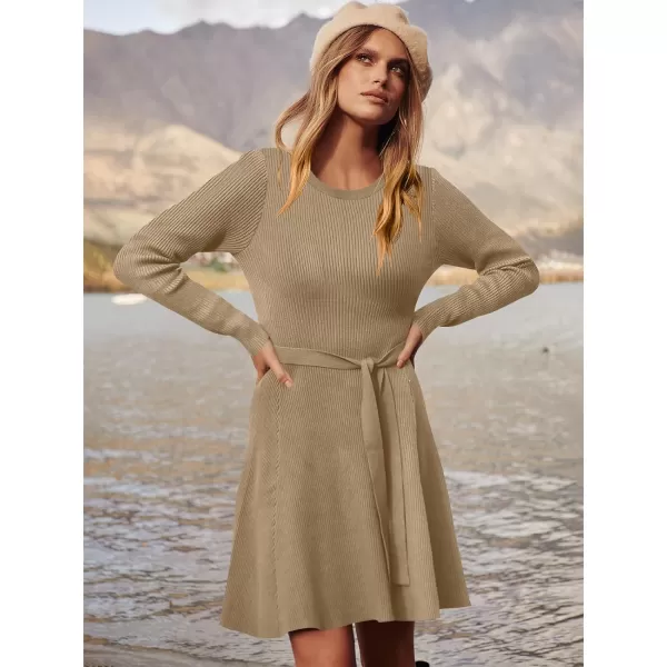 Caracilia Women's Long Sleeve Sweater Dress Crew Neck A-Line Swing Slim Fit Ribbed Knit Short Dress with Belt