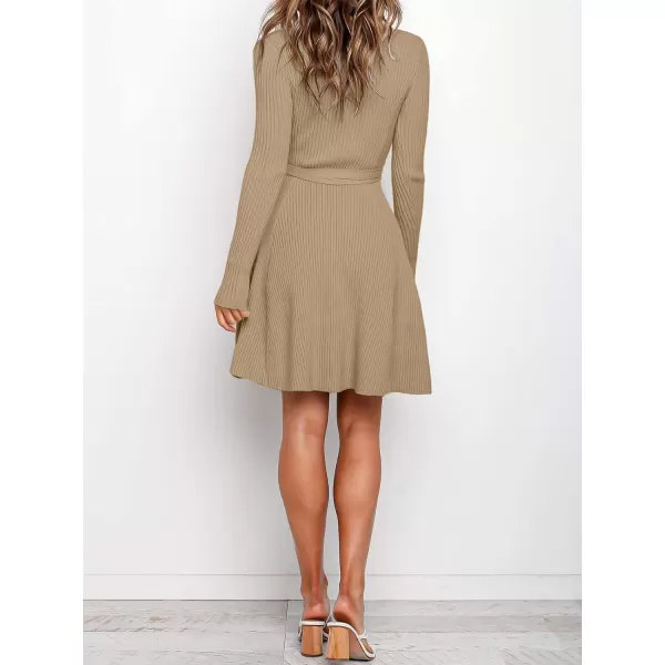 Caracilia Women's Long Sleeve Sweater Dress Crew Neck A-Line Swing Slim Fit Ribbed Knit Short Dress with Belt