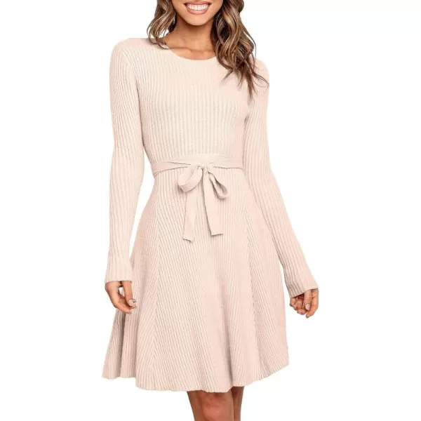 Caracilia Women's Long Sleeve Sweater Dress Crew Neck A-Line Swing Slim Fit Ribbed Knit Short Dress with Belt