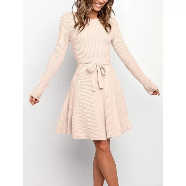 Caracilia Women's Long Sleeve Sweater Dress Crew Neck A-Line Swing Slim Fit Ribbed Knit Short Dress with Belt