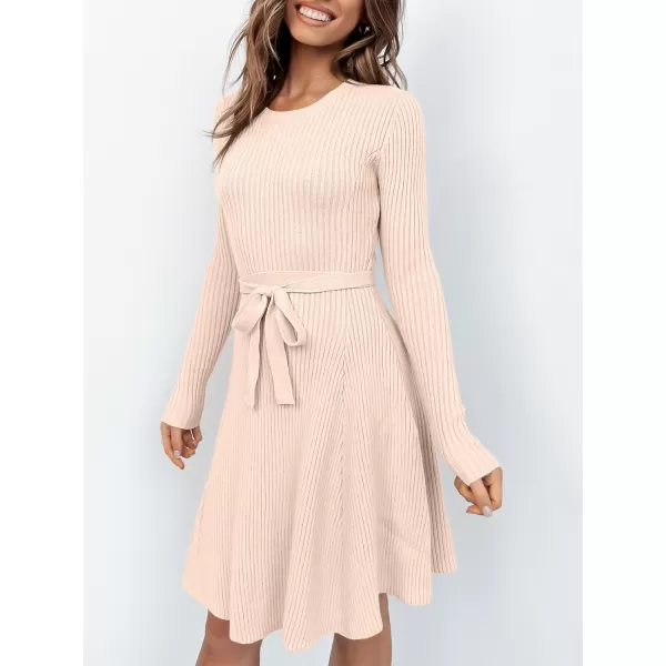 Caracilia Women's Long Sleeve Sweater Dress Crew Neck A-Line Swing Slim Fit Ribbed Knit Short Dress with Belt