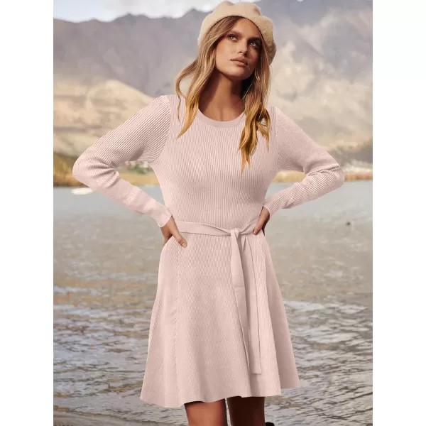 Caracilia Women's Long Sleeve Sweater Dress Crew Neck A-Line Swing Slim Fit Ribbed Knit Short Dress with Belt