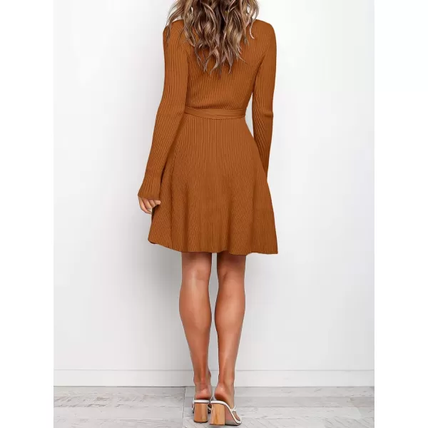 Caracilia Women's Long Sleeve Sweater Dress Crew Neck A-Line Swing Slim Fit Ribbed Knit Short Dress with Belt
