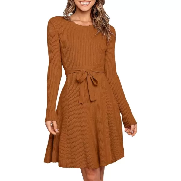 Caracilia Women's Long Sleeve Sweater Dress Crew Neck A-Line Swing Slim Fit Ribbed Knit Short Dress with Belt