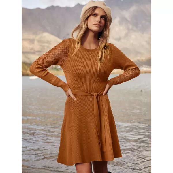 Caracilia Women's Long Sleeve Sweater Dress Crew Neck A-Line Swing Slim Fit Ribbed Knit Short Dress with Belt
