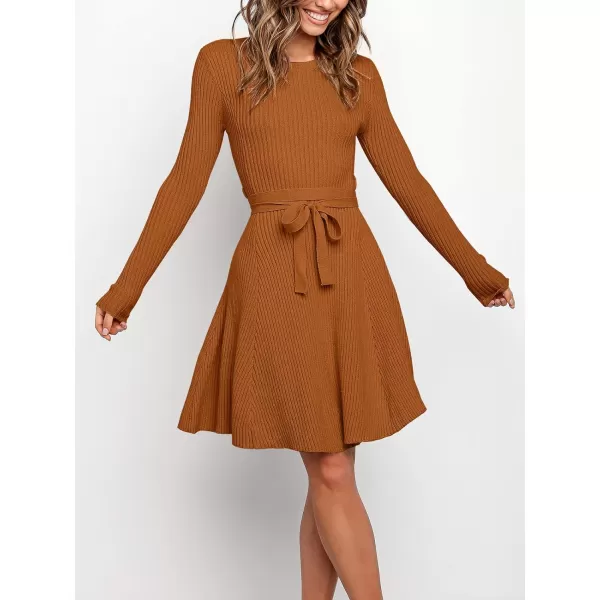 Caracilia Women's Long Sleeve Sweater Dress Crew Neck A-Line Swing Slim Fit Ribbed Knit Short Dress with Belt