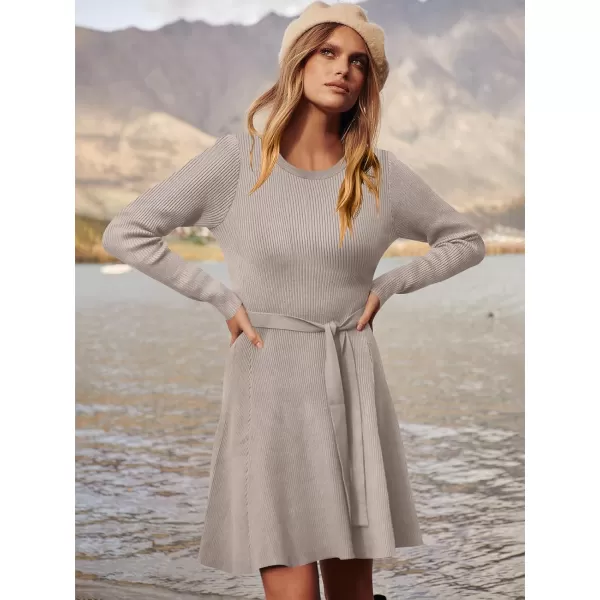 Caracilia Women's Long Sleeve Sweater Dress Crew Neck A-Line Swing Slim Fit Ribbed Knit Short Dress with Belt