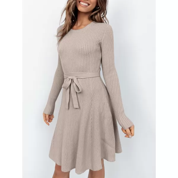 Caracilia Women's Long Sleeve Sweater Dress Crew Neck A-Line Swing Slim Fit Ribbed Knit Short Dress with Belt