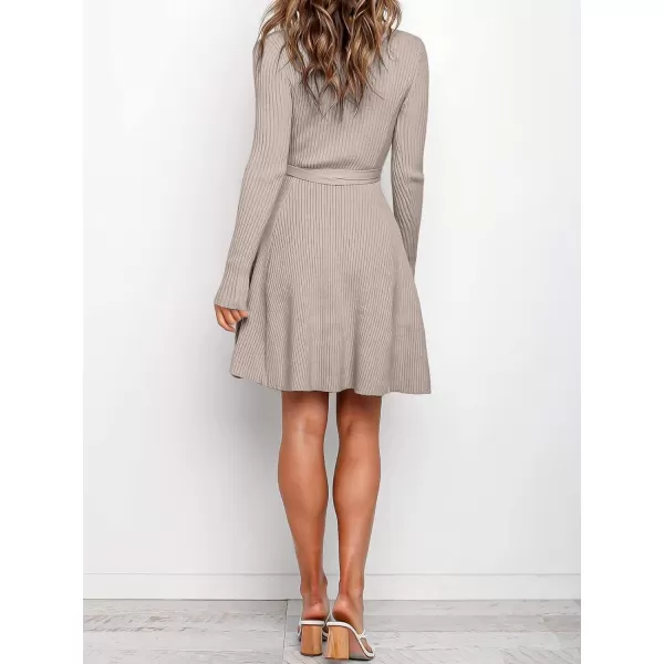 Caracilia Women's Long Sleeve Sweater Dress Crew Neck A-Line Swing Slim Fit Ribbed Knit Short Dress with Belt