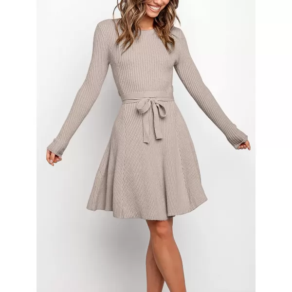 Caracilia Women's Long Sleeve Sweater Dress Crew Neck A-Line Swing Slim Fit Ribbed Knit Short Dress with Belt