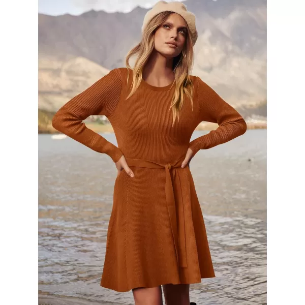 Caracilia Women's Long Sleeve Sweater Dress Crew Neck A-Line Swing Slim Fit Ribbed Knit Short Dress with Belt