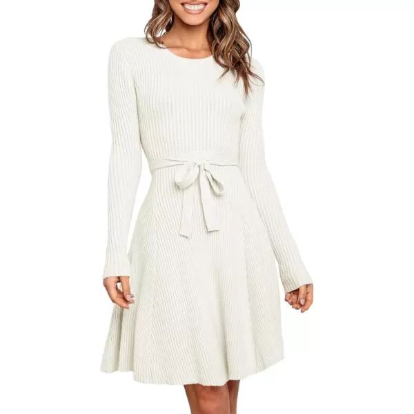 Caracilia Women's Long Sleeve Sweater Dress Crew Neck A-Line Swing Slim Fit Ribbed Knit Short Dress with Belt