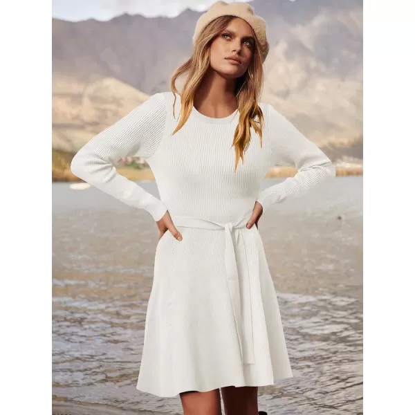 Caracilia Women's Long Sleeve Sweater Dress Crew Neck A-Line Swing Slim Fit Ribbed Knit Short Dress with Belt