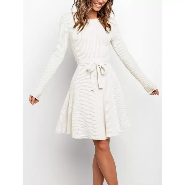 Caracilia Women's Long Sleeve Sweater Dress Crew Neck A-Line Swing Slim Fit Ribbed Knit Short Dress with Belt