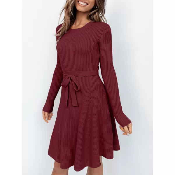 Caracilia Women's Long Sleeve Sweater Dress Crew Neck A-Line Swing Slim Fit Ribbed Knit Short Dress with Belt