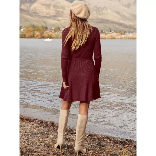 Caracilia Women's Long Sleeve Sweater Dress Crew Neck A-Line Swing Slim Fit Ribbed Knit Short Dress with Belt