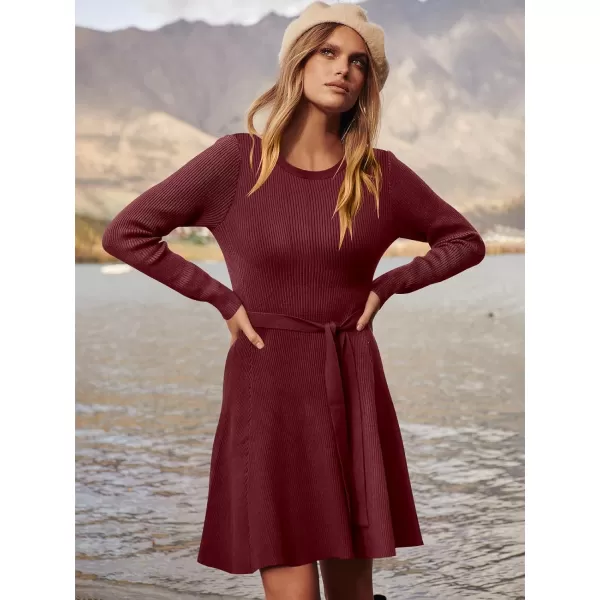Caracilia Women's Long Sleeve Sweater Dress Crew Neck A-Line Swing Slim Fit Ribbed Knit Short Dress with Belt