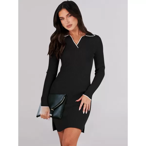 Caracilia Womens Long Sleeve Sweater Dress Mini Ribbed Knit V Neck Polo Sexy Bodycon Dress 2023 Fall Pullover Winter Clothes