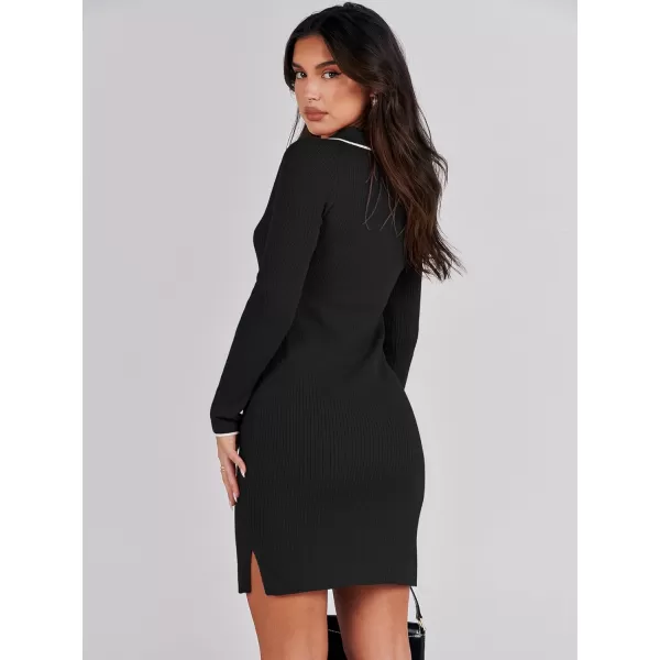 Caracilia Womens Long Sleeve Sweater Dress Mini Ribbed Knit V Neck Polo Sexy Bodycon Dress 2023 Fall Pullover Winter Clothes