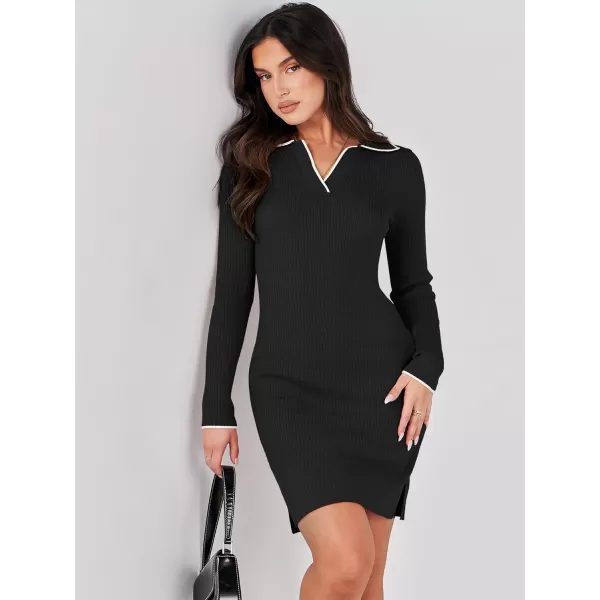 Caracilia Womens Long Sleeve Sweater Dress Mini Ribbed Knit V Neck Polo Sexy Bodycon Dress 2023 Fall Pullover Winter Clothes
