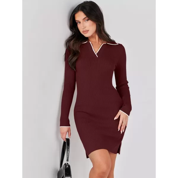 Caracilia Womens Long Sleeve Sweater Dress Mini Ribbed Knit V Neck Polo Sexy Bodycon Dress 2023 Fall Pullover Winter Clothes