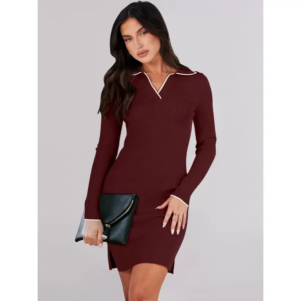 Caracilia Womens Long Sleeve Sweater Dress Mini Ribbed Knit V Neck Polo Sexy Bodycon Dress 2023 Fall Pullover Winter Clothes