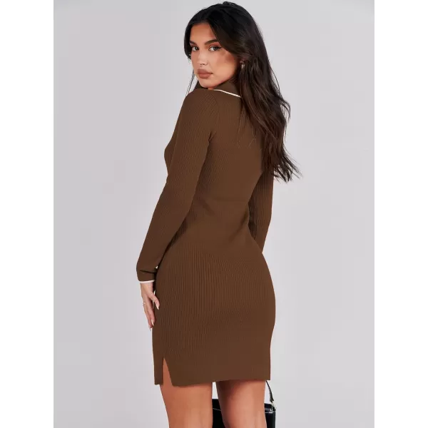Caracilia Womens Long Sleeve Sweater Dress Mini Ribbed Knit V Neck Polo Sexy Bodycon Dress 2023 Fall Pullover Winter Clothes