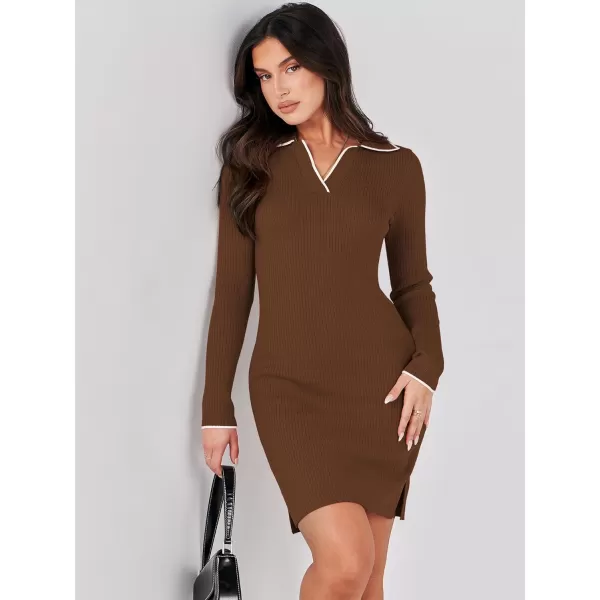 Caracilia Womens Long Sleeve Sweater Dress Mini Ribbed Knit V Neck Polo Sexy Bodycon Dress 2023 Fall Pullover Winter Clothes