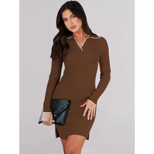 Caracilia Womens Long Sleeve Sweater Dress Mini Ribbed Knit V Neck Polo Sexy Bodycon Dress 2023 Fall Pullover Winter Clothes