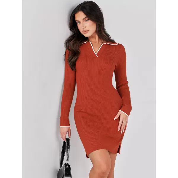 Caracilia Womens Long Sleeve Sweater Dress Mini Ribbed Knit V Neck Polo Sexy Bodycon Dress 2023 Fall Pullover Winter Clothes