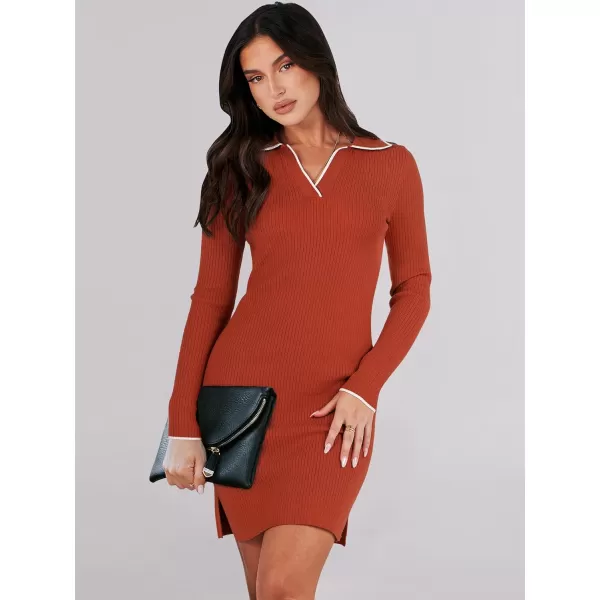 Caracilia Womens Long Sleeve Sweater Dress Mini Ribbed Knit V Neck Polo Sexy Bodycon Dress 2023 Fall Pullover Winter Clothes