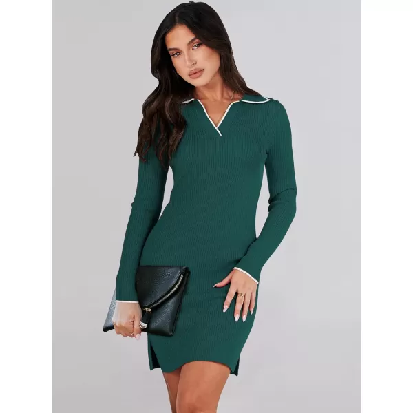 Caracilia Womens Long Sleeve Sweater Dress Mini Ribbed Knit V Neck Polo Sexy Bodycon Dress 2023 Fall Pullover Winter Clothes