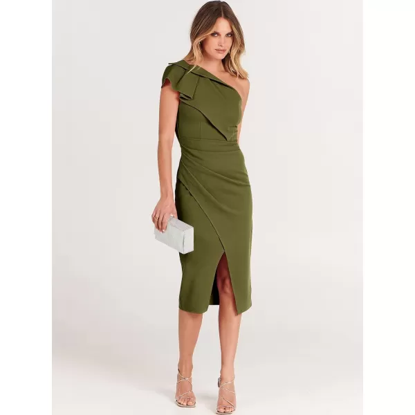 Caracilia Women's One Shoulder Sleeveless Dress Elegant Bodycon Ruched Slit Split Midi Party Dresses