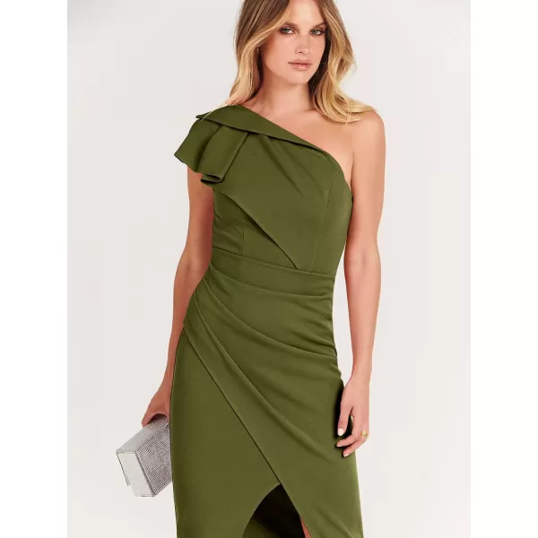 Caracilia Women's One Shoulder Sleeveless Dress Elegant Bodycon Ruched Slit Split Midi Party Dresses
