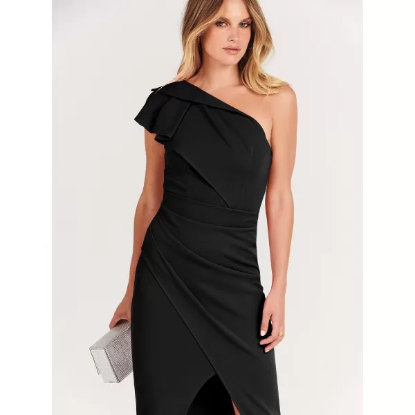 Caracilia Women's One Shoulder Sleeveless Dress Elegant Bodycon Ruched Slit Split Midi Party Dresses